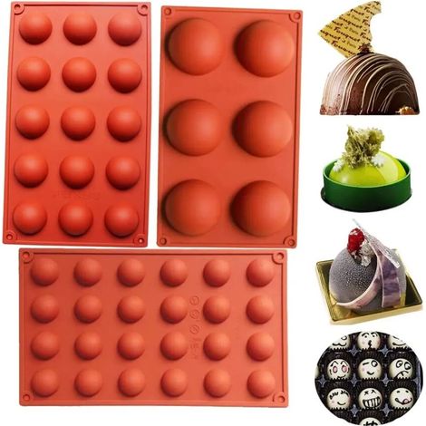 Juego de 3 moldes de silicona semicirculares 6/15/24 cavidades Molde de silicona para chocolate, cupcakes, pastel, muffin (1/4)