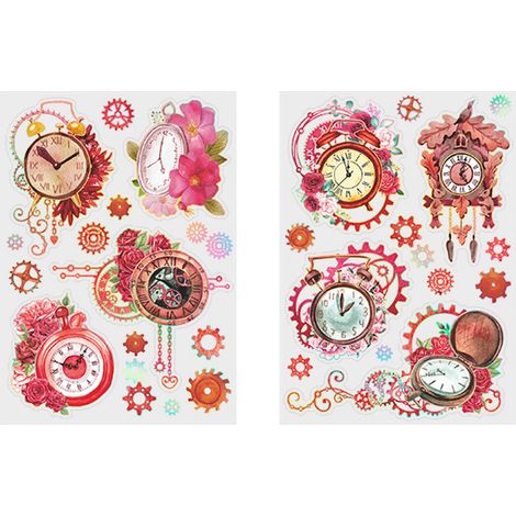 Lot de 2 autocollants décoratifs à faire soi-même, motif horloge et fleurs, bonne adhérence, pour agenda, carnet, enveloppe ou album photo (rouge). (1/5)