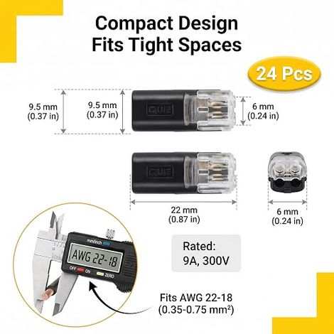 Basse Tension T TAP 2 Connecteurs de Fil électrique 2 Voies 2 sans Soudures sans Dénudage pour Branchement de Mi-portée 20-22 AWG Fil à Noyau Multiconducteur Ligne Flexible (1/4)
