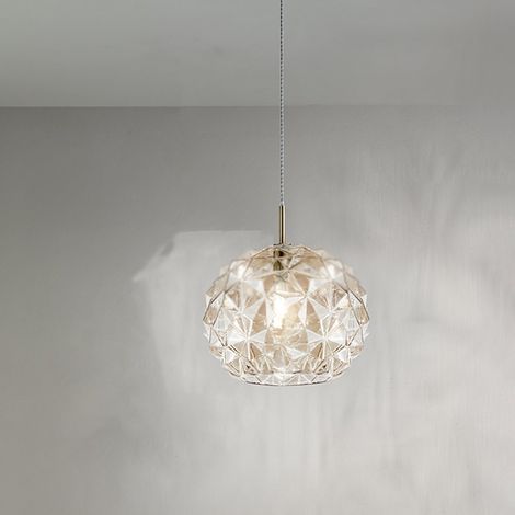 Sospensione Contemporanea Meteora Metallo Oro Vetro Ambra 1 Luce E27