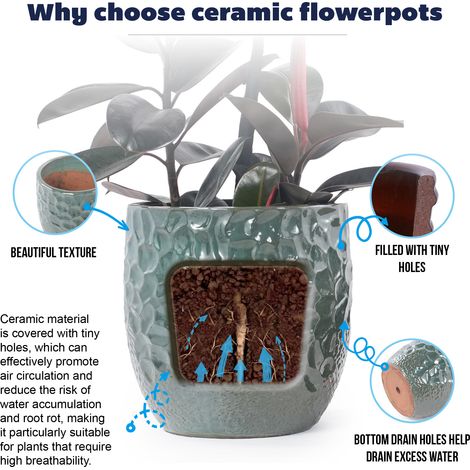 Pot de fleur en céramique fait main, vert foncé brillant relief martelé, respirant avec trou de drainage, diamètre 22,5 cm, pour grandes succulentes et plantes de fenêtre (1/5)