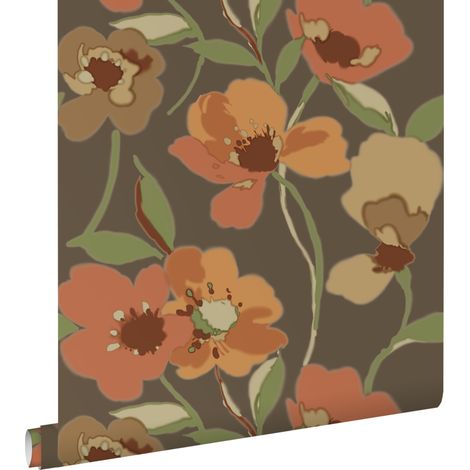 papier peint fleurs orange et vert grisé - ESTAhome (1/5)