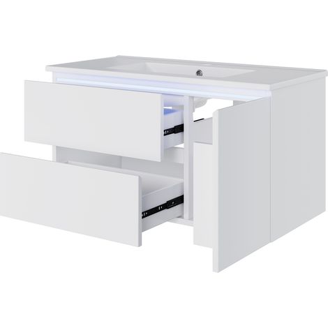 Meuble sous-lavabo suspendu blanc, 91,5x46,5x50,5 cm, laqué haut de gamme, LED capteur radar, rangement porte, 2 tiroirs silencieux, lavabo céramique (1/5)