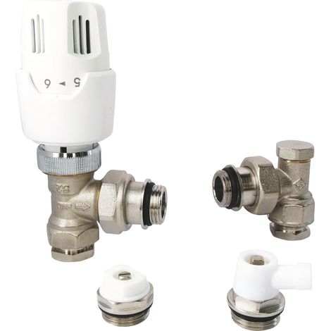 Kit thermostatique équerre nickelé 1/2" pour radiateurs - Comprend robinet thermostatique, coude de réglage, purgeur d'air et robinet de vidange orientable (1/4)
