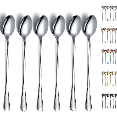 Lot de 6 Cuillère, long manche 19 cm, acier inoxydable, finition miroir, pour cocktail café (1/5)