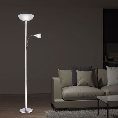 Stehleuchte Stehlampe Standleuchte Beistellleuchte Deckenfluter Wohnzimmerlampe, Spot beweglich, Metall Glas Chrom nickel-matt, Flexo, 1x E14, 1x E27, H 178 cm
