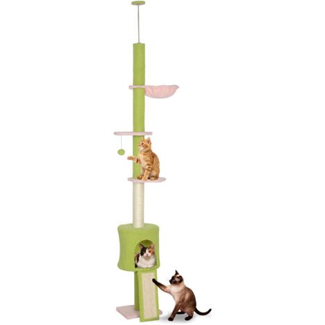 Arbre à chat du sol au plafond 5 niveaux hauteur réglable 220-240 cm plateformes fleur avec griffoir niche hamac vert (1/5)