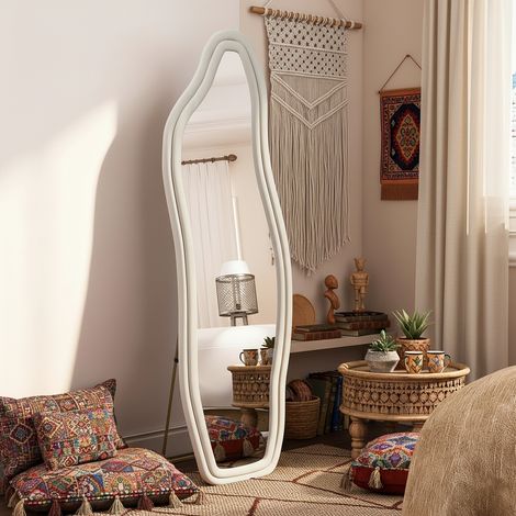 Specchio da terra 160x50 cm – Grande specchio a parete con cornice in velluto per camera da letto, soggiorno, cabina armadio – Bianco