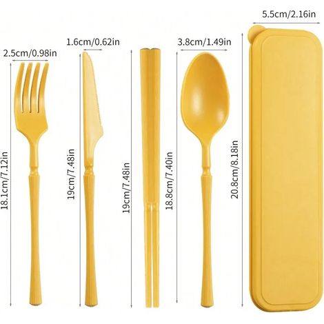 (1 pièce jaune) Un ensemble de couverts en plastique comprenant un couteau, une fourchette, une cuillère et des baguettes. (1/5)