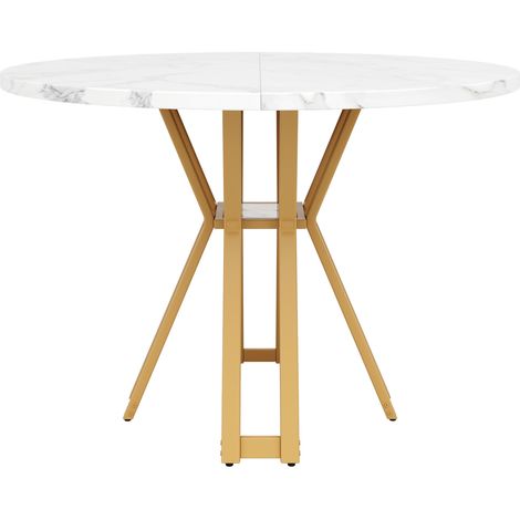 Mesa de comedor redonda 100 x 100 x 76 cm, tablero MDF efecto mármol y patas metálicas doradas (1/5)