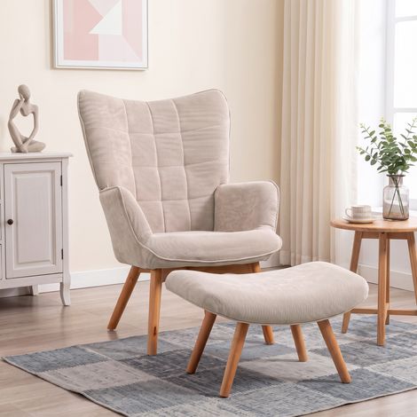 Fauteuil repose-pied dossier haut pieds bois velours côtelé salon chambre beige (1/5)