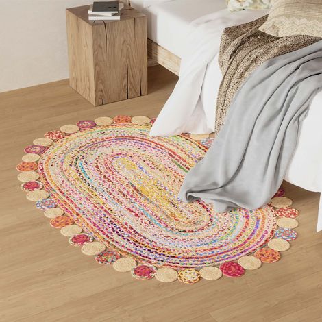 Tapis en jute Tapis Lerina - Tapis en laine  - 240x170cm, Oval - 50% Jute, 50% Coton - Tissé main - Multicolore