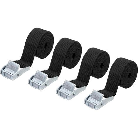 Lot de 4 sangles d'arrimage 0,25 tonne – Polyester haute qualité – Longueur 5 m x 25 mm – Boucles à came à dégagement rapide-Noir (1/5)