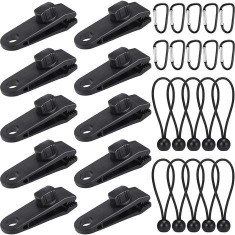 Pinces de bâche robustes, lot de 30 pinces pour bâche de tente avec tendeurs élastiques et boucles en D, pinces de verrouillage pour la fixation de bâches et d'auvents. (1/4)