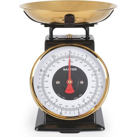 Balance de cuisine intemporelle – Balance de cuisson mécanique, bol en acier inoxydable de 1 l, incréments de 20 g, grand cadran facile à lire, hauteur de 25 cm, pas besoin de piles, noir/doré (1/5)