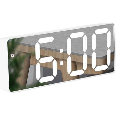 Réveil numérique à miroir LED avec affichage de la température, luminosité réglable, commande vocale et fonction répétition facile, deux modes d'alimentation, convient pour table de chevet de chambre (1/5)