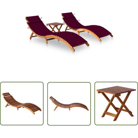 The Living Store Sonnenliegen 2 Stk. mit Tisch und Auflagen Massivholz Akazie - Sonnenliegen - Gartenmöbel - Outdoor Möbel - Holz Gartenmöbel - Akasienholzmöbel (1/5)