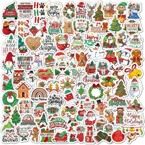100 adesivi decorativi natalizi - Design a cartoni animati, adesivi impermeabili, regali per bambini, valigia, scrivania, laptop, finestra, porta (1/5)