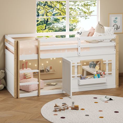 Etagenbett 90x200cm Einzelbett für 2 Personen Kinderhochbett mit Treppe Absturzsicheres Bett mit Schutzgeländer Multifunktionsbett aus Massivholz Weiß