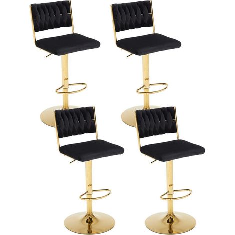 Lot de 4 tabourets de bar pivotants, réglables en hauteur, dossier tressé, velours noir et pied doré (1/5)
