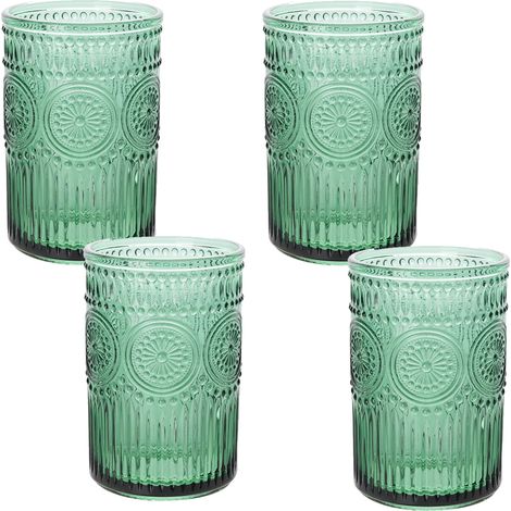 Ensemble de 4 verres, Verre gaufré, Motif champêtre, 473 ml, Bleu sarcelle, Usage quotidien (1/5)