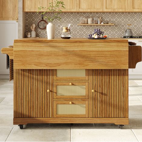 Desserte de cuisine pliante 142,5x80x95 cm avec rangements, roulettes, MDF et rotin PE - brun foncé (1/5)