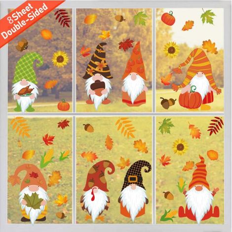 Decal Fenêtre Automne - Gnome Automnal Statique Sans Colle - Pour Vitre Porte En Verre Réfrigérateur - 4 Feuilles 8 Pièces (1/5)