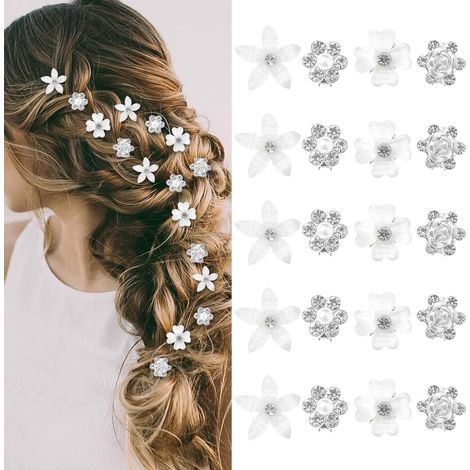 20 Pcs Mini Rhinestone Flower Clips, Hairdressing Accessories for Women and Girls, Elegant Small Barrettes for Daily Wear, Party or Wedding (White) (1/5)