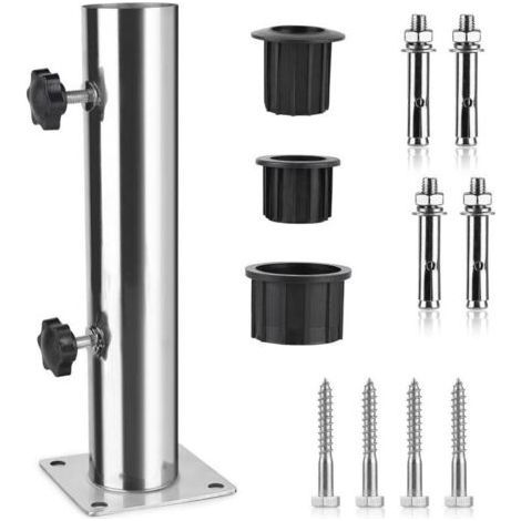 Tube Parasol , Pied de Parasol , Support Parasol en Acier Inoxydable Réglable avec 3 Anneaux de Réduction en PVC (32/38/48mm) , Pied pour Parasol avec 8 Clous en Acier (1/4)