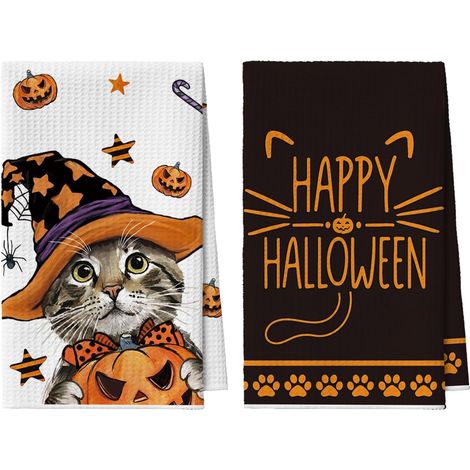 Lot 2 Torchons de Cuisine Halloween Chat Grand Chapeau 42x65cm (1/5)
