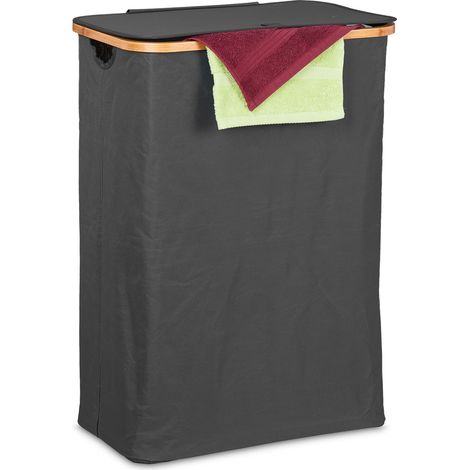 Relaxdays Cesto Ropa Sucia con Tapa, 105 l, Cubo Lavandería, Bambú y Poliéster, Plegable, Transportable, Negro y Natural
