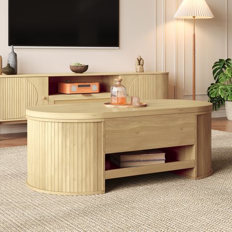 Tavolino da caffè 110x55.5x40 cm naturale in MDF con piano sollevabile e ripiano estraibile (1/5)