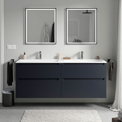 BERNSTEIN - Meuble double vasque suspendu salle de bain MDF Bleu nuit mat, lavabos fonte minérale Blanc mat + trous robinet, tiroirs passe-main pivotants - 160x46x62cm - VIREO Blanc mat avec trou pour