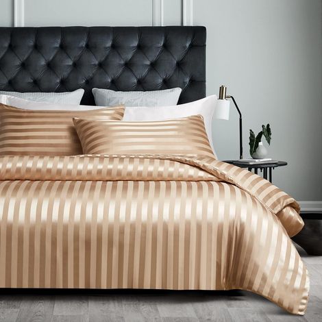Bettwäsche-Set 135x200cm Beige Satin Streifen mit Kissenbezug 80x80cm