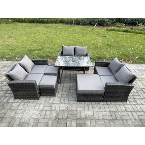 Fimous Garten Sofa im Freien Set Polyrattan Gartenmöbel Set mit Rechteckiger Esstisch 2 Seat Sofa 3 Hockern Dunkelgrau Gemischt (1/5)