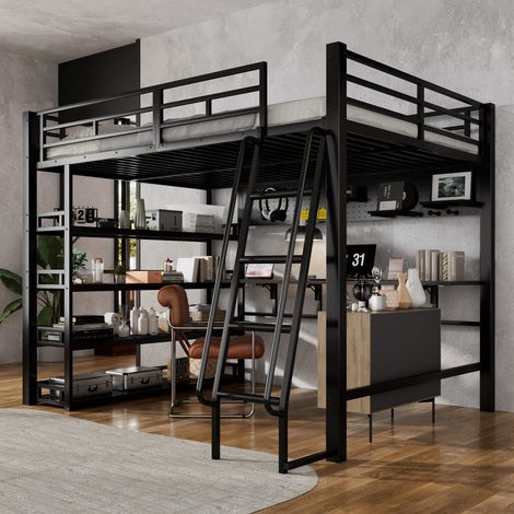 Lit mezzanine 140x200 cm , structure fer noir + panneaux de particules, échelle inclinée 4 marches, rangements, étagères, ports usb, patères (1/5)