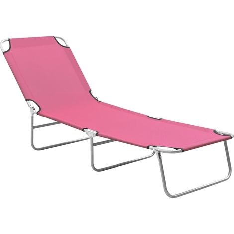 Transat chaise longue bain de soleil lit de jardin terrasse meuble d'extérieur pliable acier et tissu rose