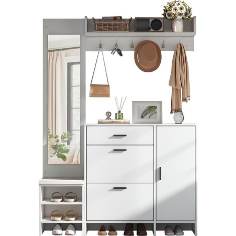Mobile ingresso con scarpiera 140x30x200 cm in MDF bianco con panca e specchio - CHICFURN (1/5)