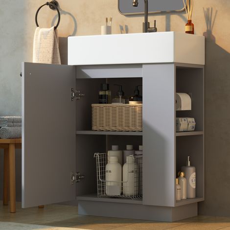 Meuble sous vasque 55 cm avec lavabo en céramique, rangement, porte soft-close, MDF gris à relief ondulé (1/5)