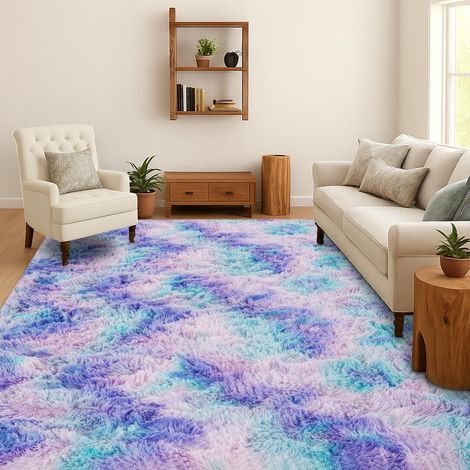 Tapis Shaggy Salon Chambre Poils Longs, Turquoise Violet, 140x200 cm Tie-Dye, Doux et moelleux, Antidérapant, Lavable en machine, Pour chambre d’enfant, chevet, salle de jeux, dortoir, bureau (1/5)