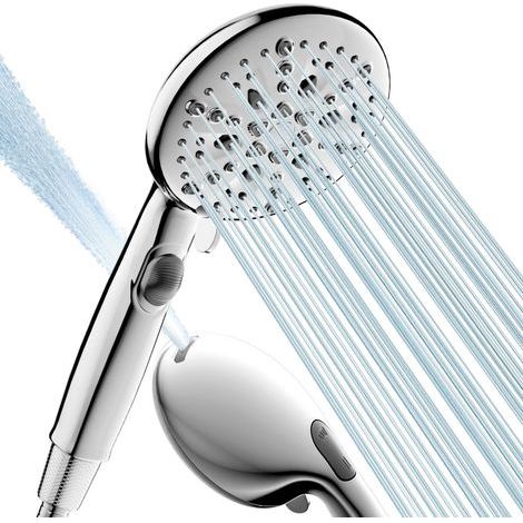 Pommeau de douche avec flexible, économe en eau avec 7 + 2 jets différents, douchette avec fonction d'arrêt, surpresseur avec jet puissant pour la salle de bain (chrome) (1/5)
