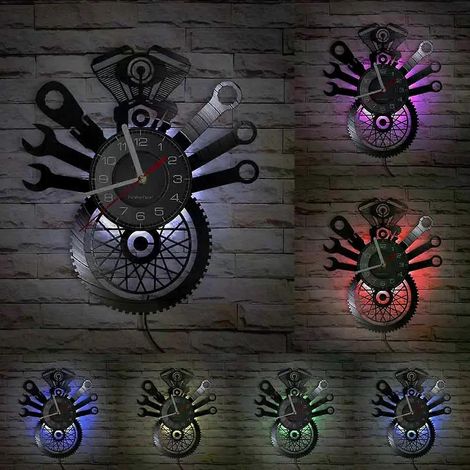 Retro-Wanduhr für Motorradservice, Garage, Bar, Werbung, Dekoration für Männerhöhle, Mechaniker-Logo, individuelle Motor-Reifen-Wanduhr (1/4)