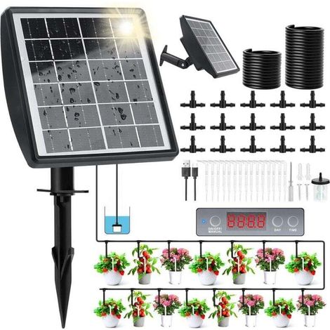Crezuo Solar-Tropfbewässerungsset, Tropfbewässerungssystem mit Zeitschaltuhr und 15-m-Schlauch, für Garten, Balkon, Rasen, Gemüsetöpfe, Urlaub - Crezuo