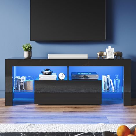 ELEGANT 1400 mm Modern High Gloss TV Stands with LED Lights TV Cabinet with 2 Glass Partitions, Large Storage Space Design, Black (1/5)