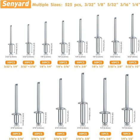 500 Pièces Rivets Aveugles Aluminium Tête Ronde, Kit Rivets Pop 2,4 3,2 4 4,8 6,4 mm (3/32" 1/8" 5/32" 3/16" 1/4"), Corps Alu + Tige Acier Zingué, Assortiment 14 Tailles Coffret (1/3)