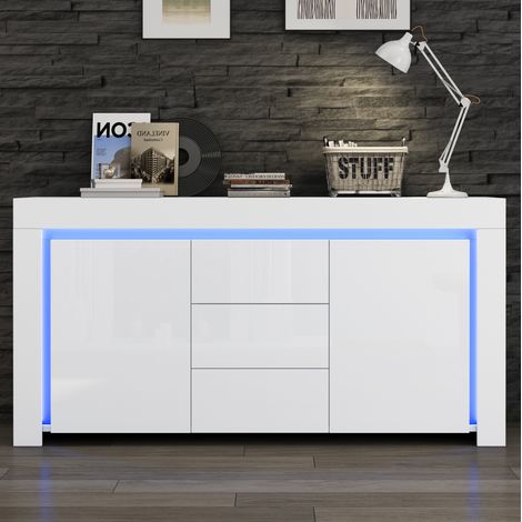 Sideboard aus MDF in Weiß, Hochglanz, 140 x 40 x 65 cm, 2 Türen, 3 Schubladen, verstellbare Böden, LED (1/5)