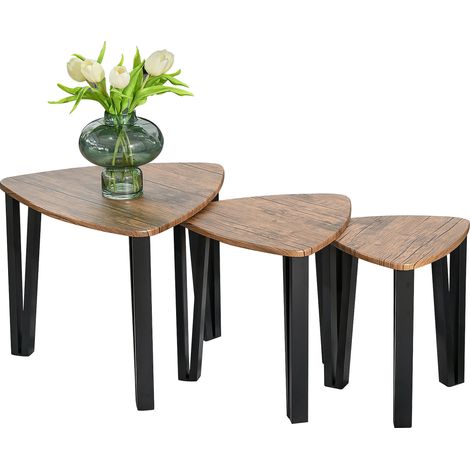 Nest of Tables, Coffee Table Set of 3, Triangle Nesting Tables with Metal Legs, Industrial End Side Table for Living Room, Walnut Wood Grain