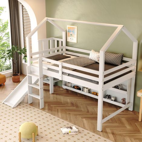 Lit Superposé 90x200 cm Multifonctionnel - Lit Cabane avec Sommier, Toboggan, Escalier de Rangement, Armoires et Étagères - Bois Massif & MDF - Blanc