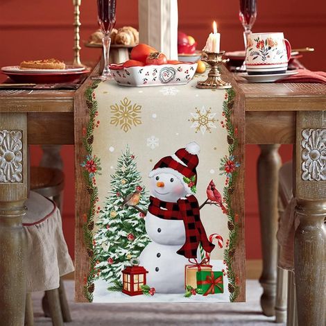 Weihnachtstischläufer, Weihnachtstischdecke, Weihnachtsdekoration, Weihnachtstischwäsche – 33 x 120 cm, Weihnachtsschneemann (1/5)