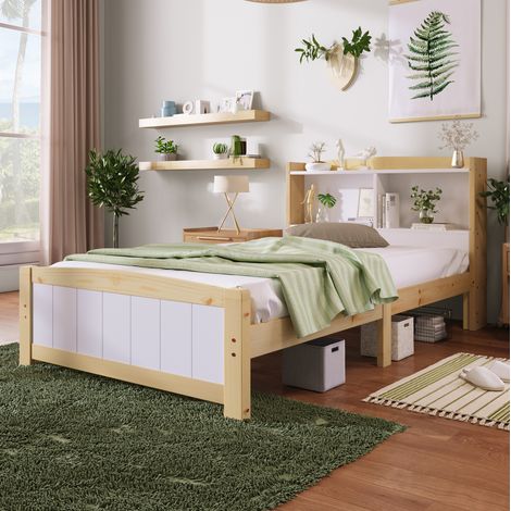 Lit 90x200 cm en bois massif et MDF blanc, avec tête de lit rangement et sommier à lattes inclus (1/5)